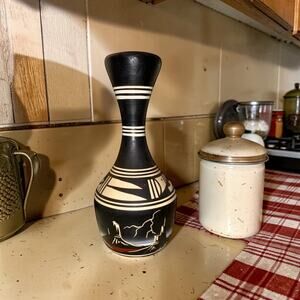 Signed J. Buwalley Navajo Pottery Vase Black & Cream Southwestern Art